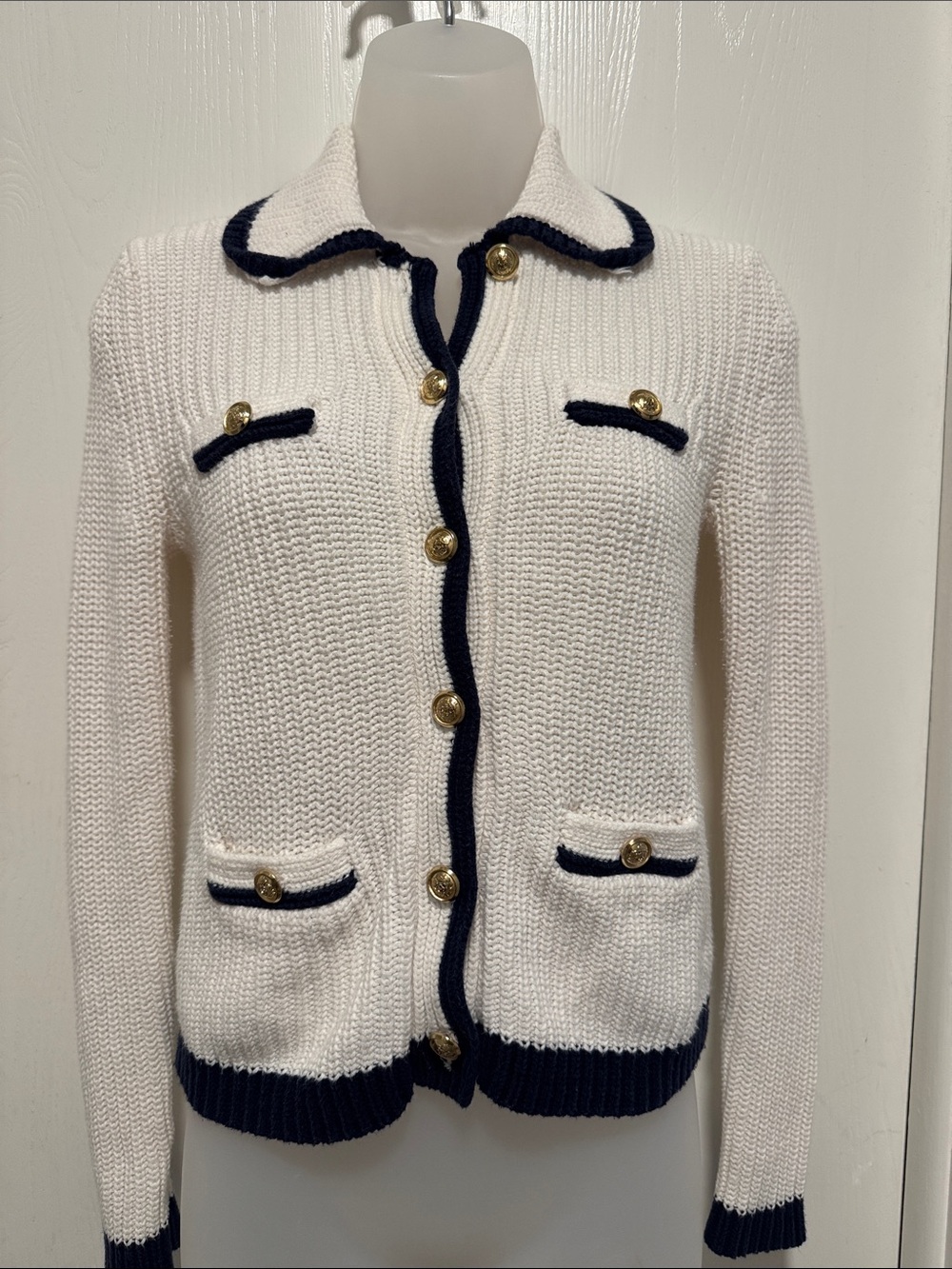 Classic Cream Knit Cardigan with Navy Trim and Gold Buttons Petite